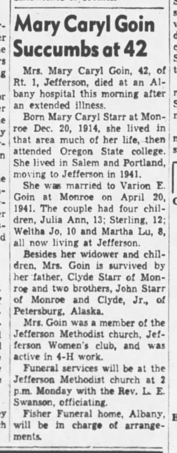 Mary Caryl Starr Goin Obituary Albany OR Democrat-Herald 1957-6-7 Fri Pg 2